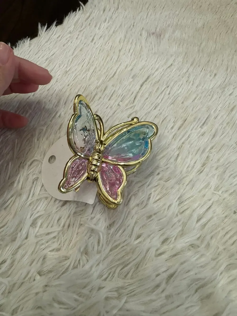Large Pink and blue clear butterfly hair clip claw with gold trim
